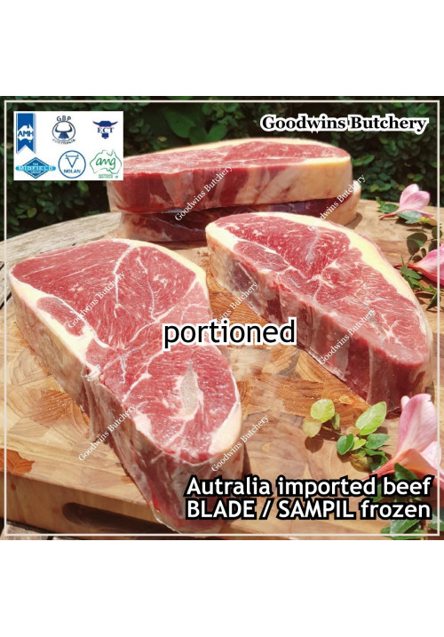 Beef BLADE Australia frozen daging sapi sampil PORTIONED 4cm 1.5" +/- 1.3kg/pc (price/kg) any brand in stock; GBP, WMPG, RALPHS or AMH